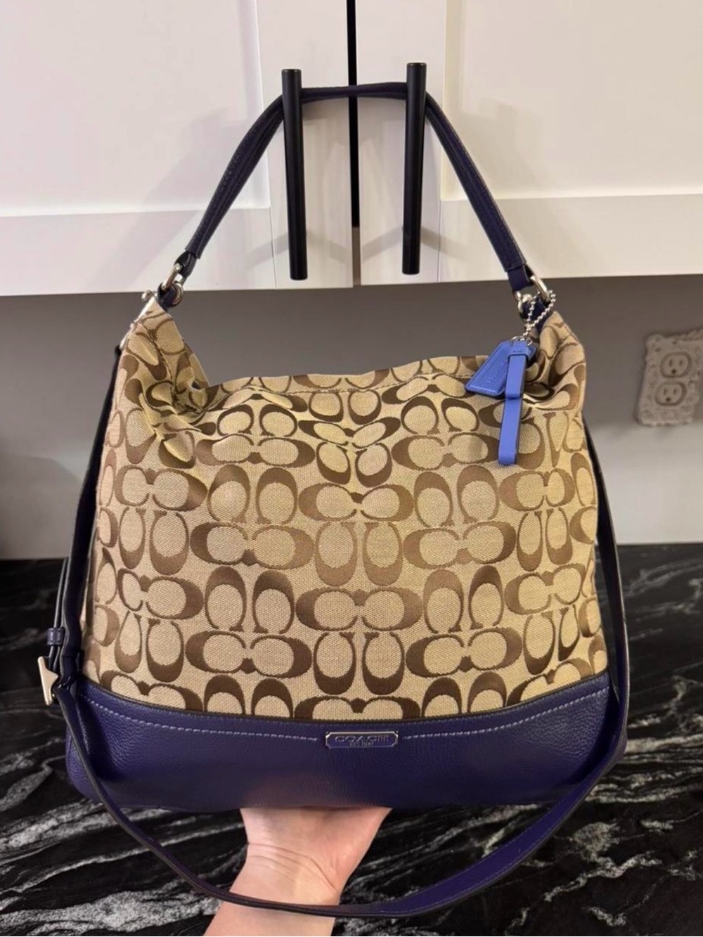 Coach Khaki Signature Canvas Hobo with Blue Leather Trim